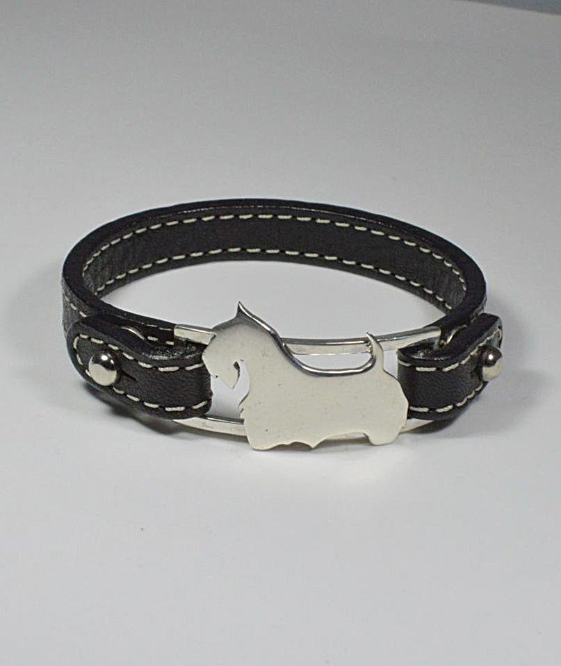 Bracciale in argento con sagoma di cane razza Scottish e cinturino in vera pelle di vacchetta