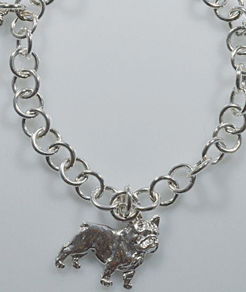 Bracciale a catena rolò grande in argento, con sagome pendenti in rilievo di tre Bulldog francesi - foto 1
