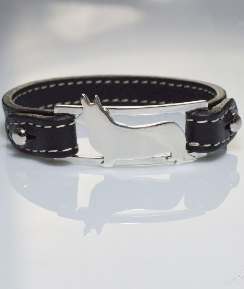 Bracciale in argento con sagoma di cane razza Corgi Cardigan e cinturino in vera pelle di vacchetta