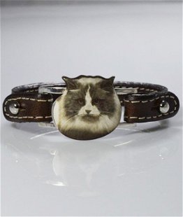 Bracciale cinturino in vera pelle gatto Ragdoll nel cerchio in argento 925