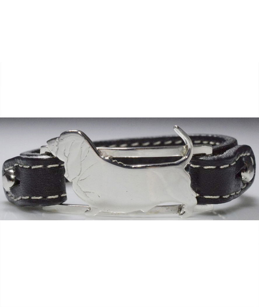 Bracciale cinturino in vera pelle Basset Hound in argento 925