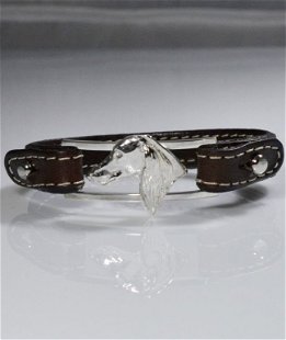 Bracciale cinturino in vera pelle Saluki testa 3D in argento 925