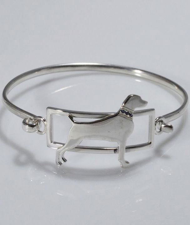 Bracciale rigido Weimaraner con collarino di zaffiri naturali in argento 925