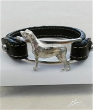 Bracciale cinturino in vera pelle Levriere irlandese 3D statico cesellato a mano argento 925