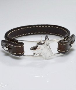 Bracciale cinturino in vera pelle testa Dobermann orecchie tagliate 3D in argento 925