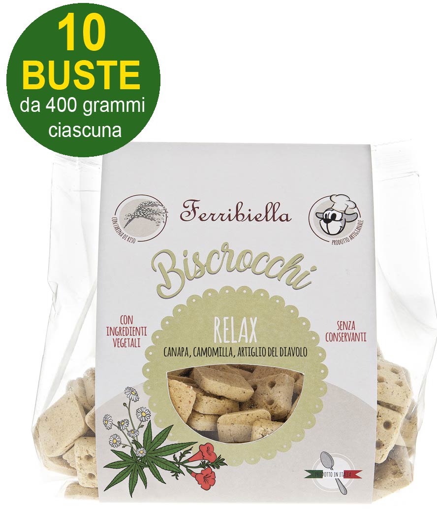 Biscotti Biscrocchi Relax con canapa, camomilla, artiglio del diavolo per cani 10 buste da 400 g ciascuna