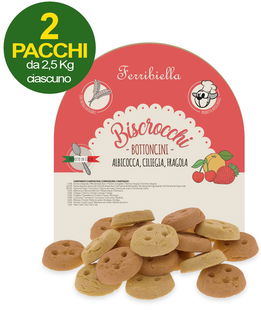 Biscotti per cani Biscrocchi Bottoncini albicocca, ciliegia e fragola 2 pacchi da 2,5 kg