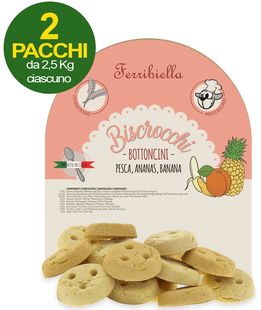 Biscotti per cani Biscrocchi Bottoncini pesca, ananas e banana 2 pacchi da 2,5 kg