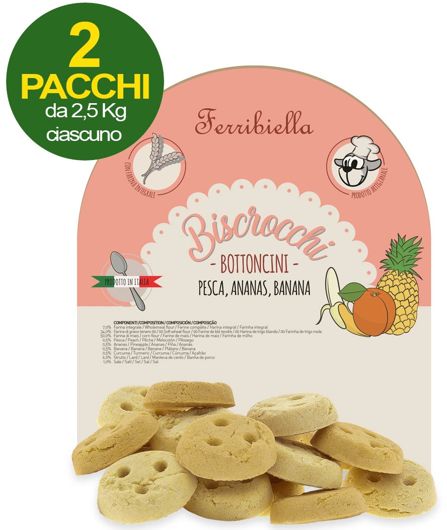 Biscotti Biscrocchi Bottoncini con pesca, ananas e banana per cani 2 pacchi da 2,5 kg ciascuno