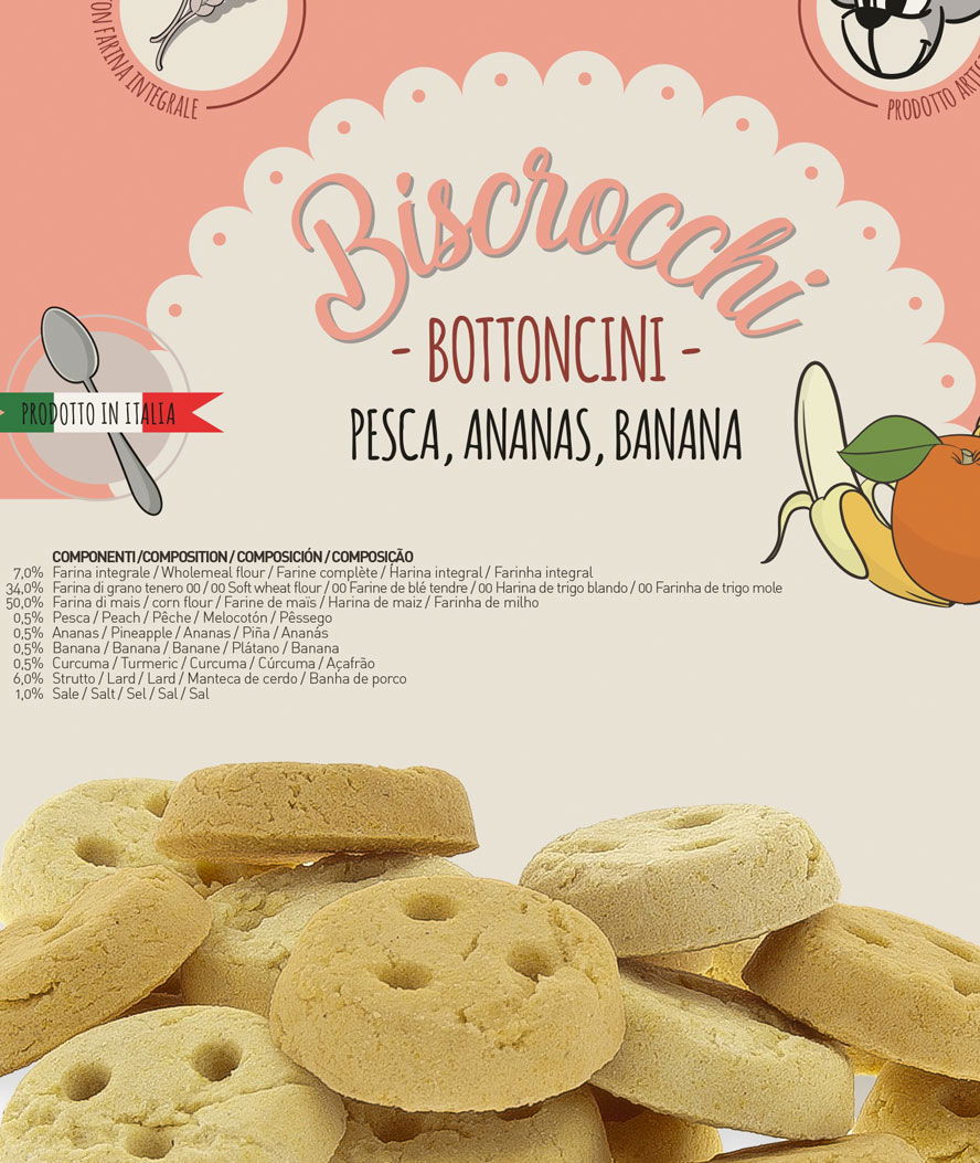 Biscotti Biscrocchi Bottoncini con pesca, ananas e banana per cani 2 pacchi da 2,5 kg ciascuno - foto 1