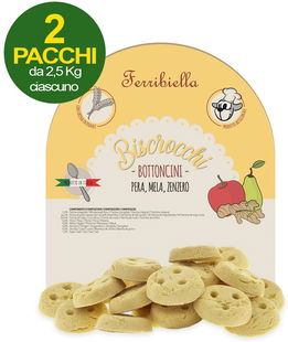 Biscotti per cani Biscrocchi Bottoncini pera, mela e zenzero 2 pacchi da 2,5 kg