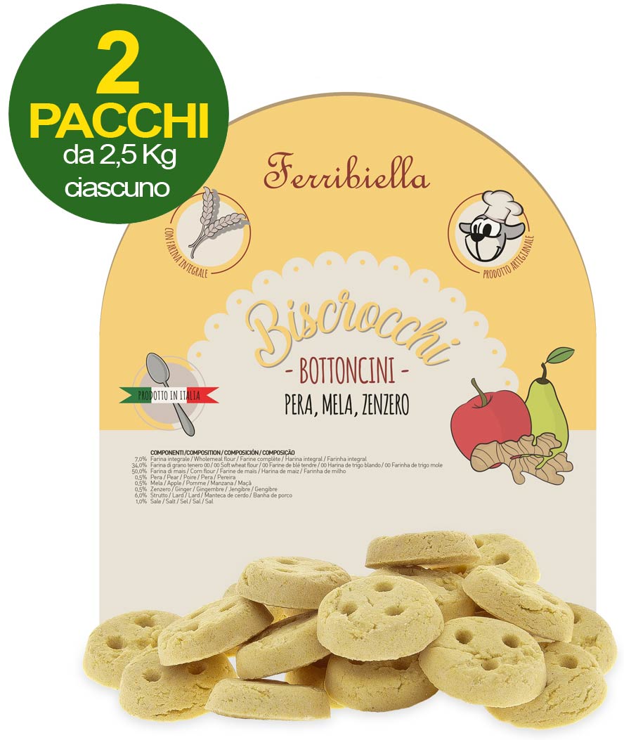 Biscotti Biscrocchi Bottoncini con pera, mela e zenzero per cani 2 pacchi da 2,5 kg ciascuno