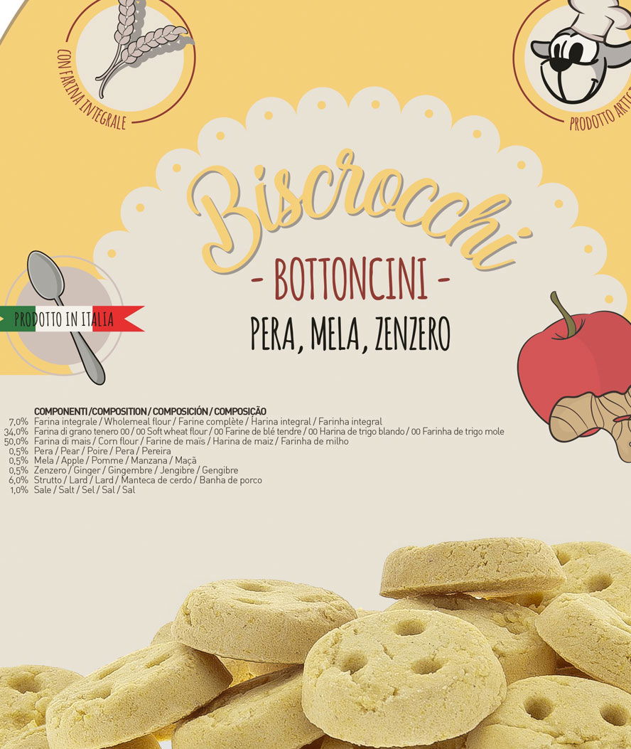 Biscotti Biscrocchi Bottoncini con pera, mela e zenzero per cani 2 pacchi da 2,5 kg ciascuno - foto 1