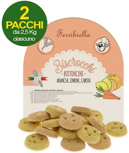 Biscotti per cani Biscrocchi Bottoncini arancia, carota e limone 2 pacchi da 2,5 kg