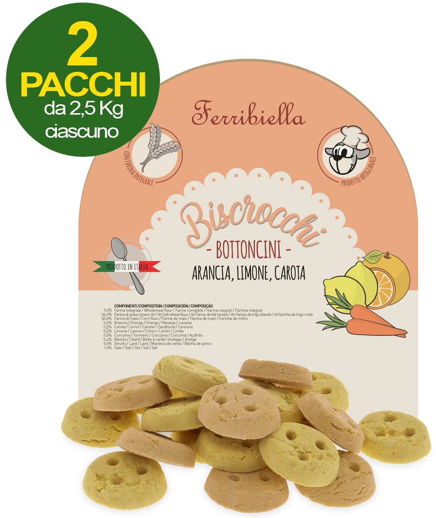 Biscotti Biscrocchi Bottoncini con arancia, carota e limone per cani 2 pacchi da 2,5 kg ciascuno