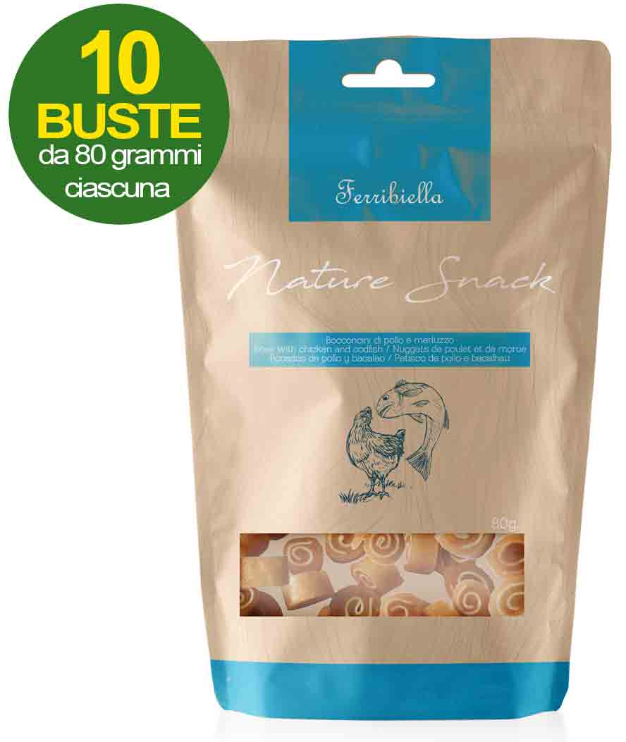 Nature Snack bocconcini di pollo e merluzzo per cani 10 buste da 80 g cad