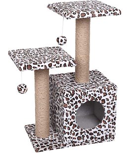 Tiragraffi modello Leopardo Double a due colonne con cuccia e giochi pendenti per gatti