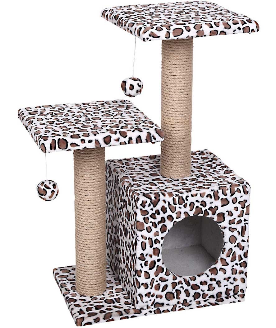 Tiragraffi Leopardo Double a due colonne con cuccia inclusa e giochi pendenti per gatti
