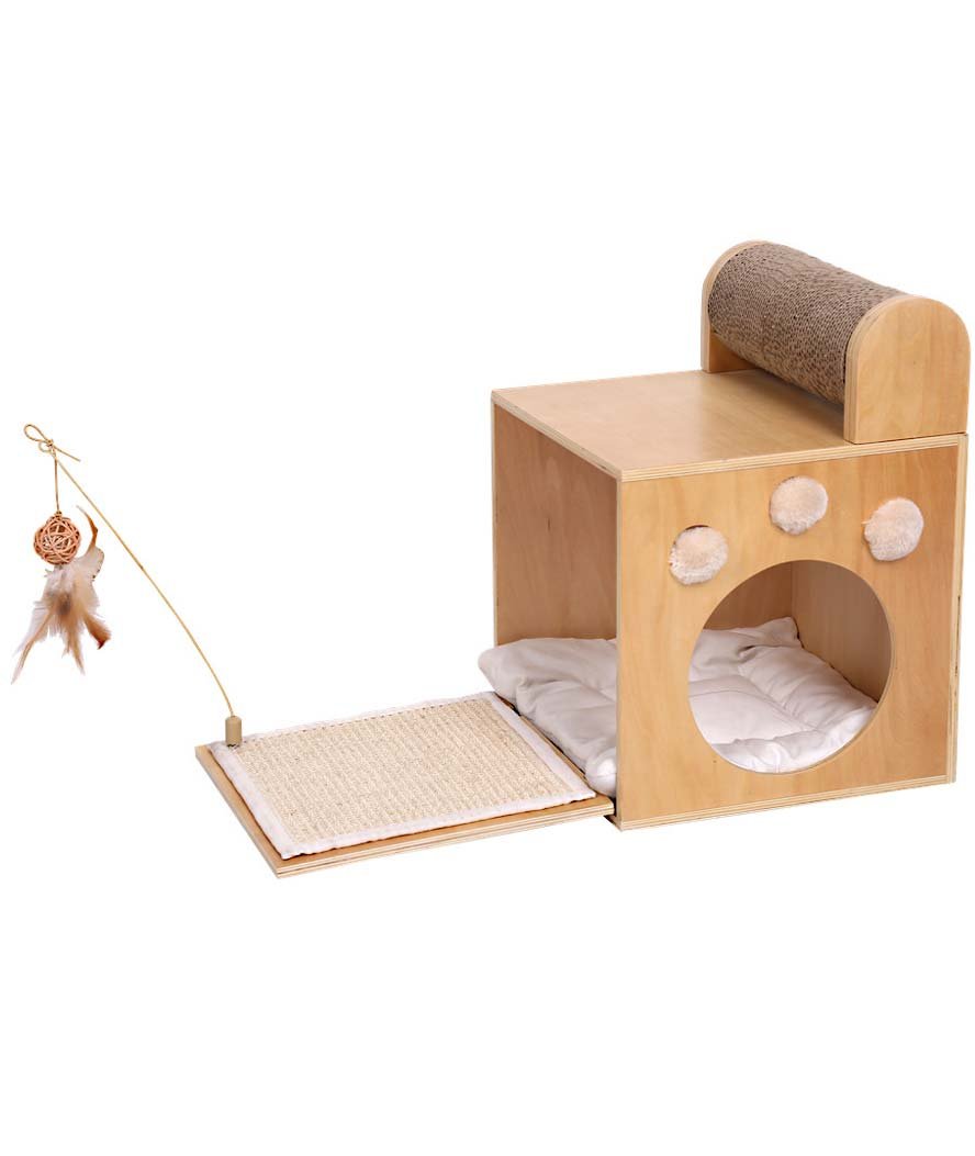 Tiragraffi Magic Box con cuccia completa di cuscino e struzzicagatto in piuma per gatti