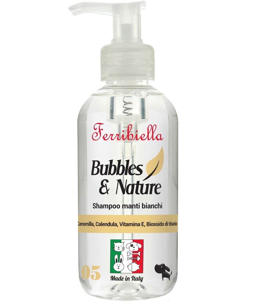 Shampoo con camomilla, calendula, vitamina E, biossido di titanio per cani con manto bianco 250 ml