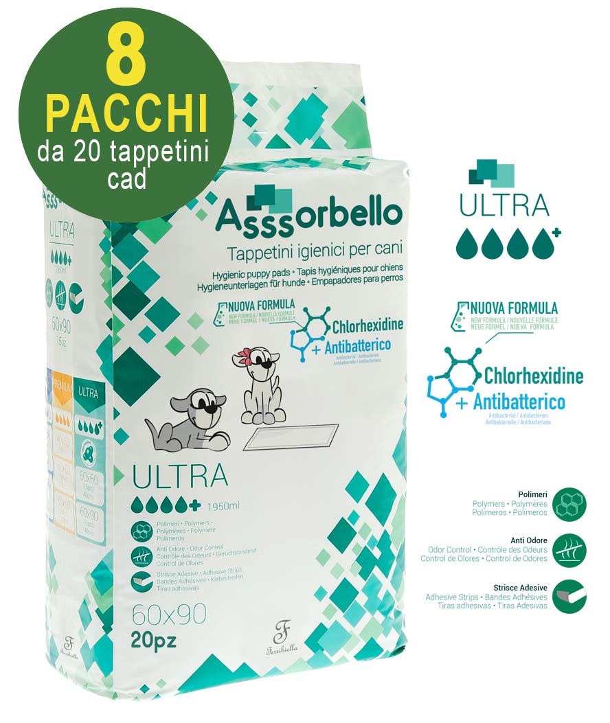 160 Tappetini igienici Asssorbello Ultra 60x90 cm per cani - 8 pacchi da 20 pezzi cad.