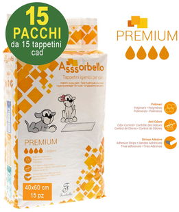 225 Tappetini igienici per cani Asssorbello Premium 40x60 cm - 15 pacchi da 15 pezzi cad.