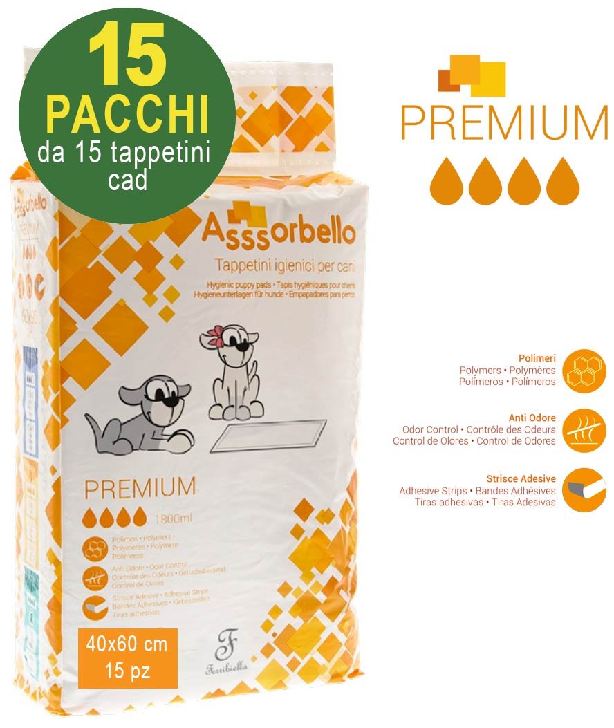 225 Tappetini igienici Asssorbello Premium 40x60 cm per cani - 15 pacchi da 15 pezzi cad.