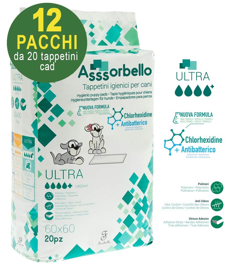 240 Tappetini igienici Asssorbello Ultra 60x60 cm con Clorexidina per cani - 12 pacchi da 20 pezzi cad.