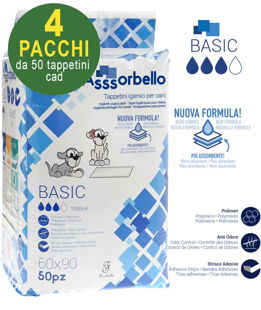 200 Tappetini igienici Asssorbello Basic 60x90 cm per cani - 4 pacchi da 50 pezzi cad.