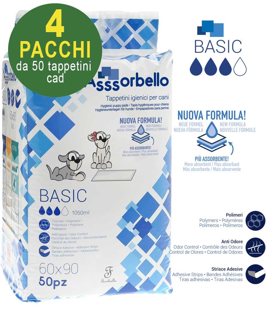200 Tappetini igienici Asssorbello Basic 60x90 cm per cani - 4 pacchi da 50 pezzi cad.