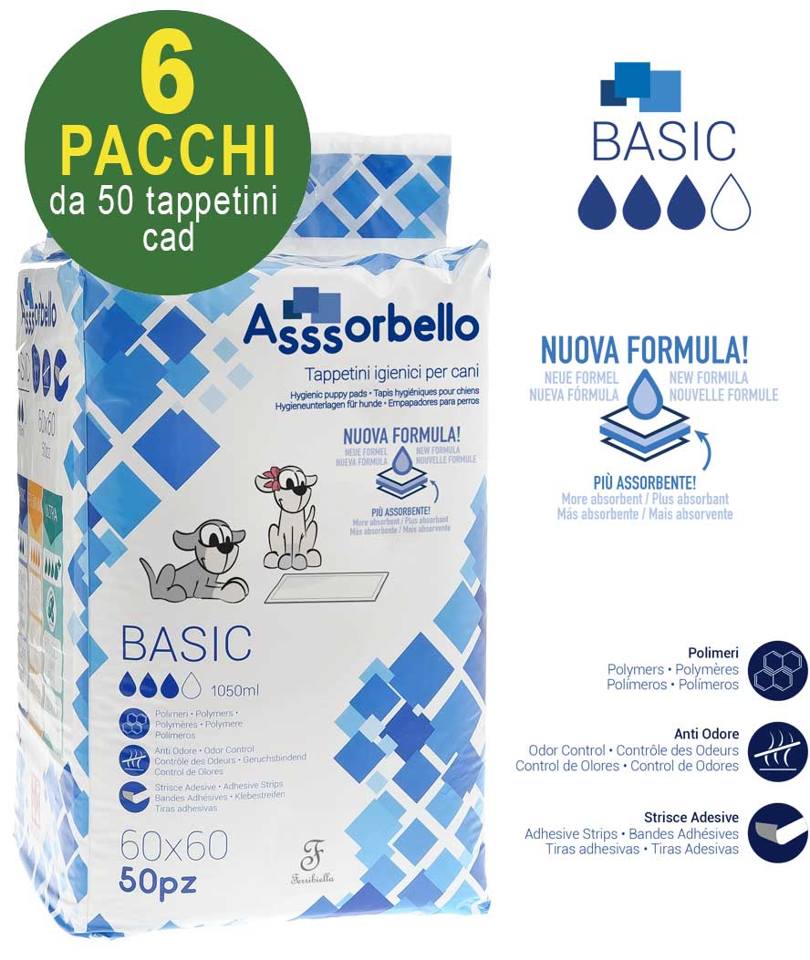 300 Tappetini igienici Asssorbello Basic 60x60 cm per cani - 6 pacchi da 50 pezzi cad.