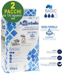 200 Tappetini igienici Asssorbello Basic 60x90 cm per cani - 2 pacchi da 100 pezzi cad.