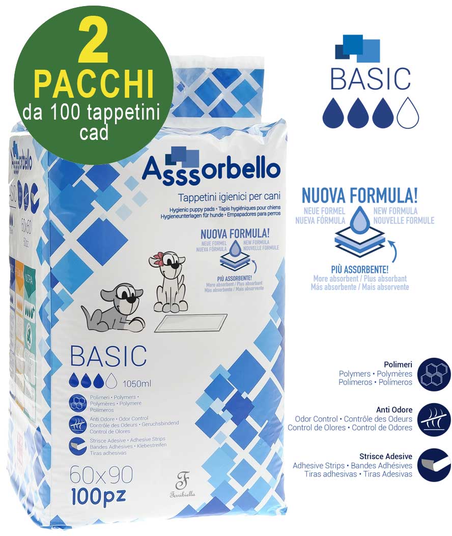 200 Tappetini igienici Asssorbello Basic 60x90 cm per cani - 2 pacchi da 100 pezzi cad.