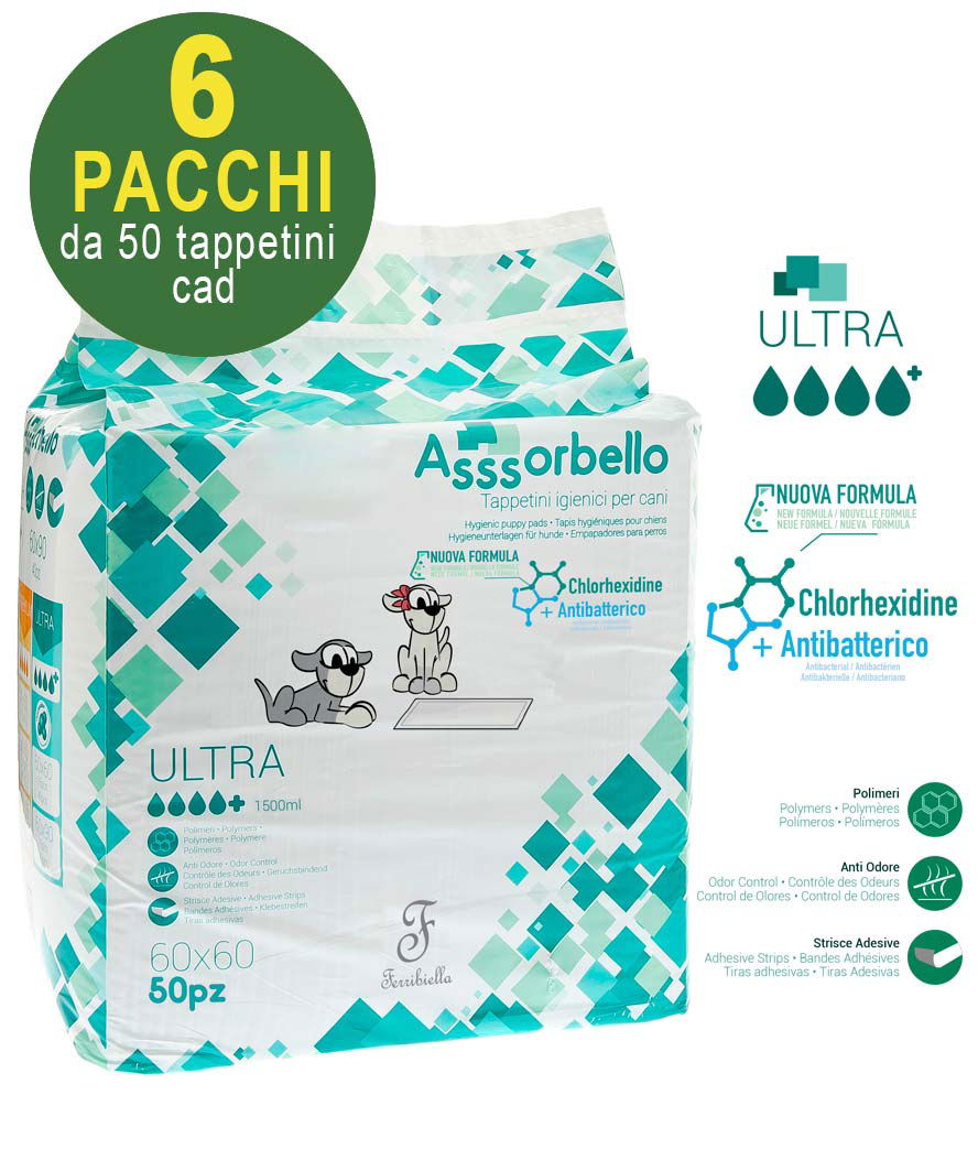 300 Tappetini igienici Asssorbello Ultra 60x60 cm per cani - 6 pacchi da 50 pezzi cad.