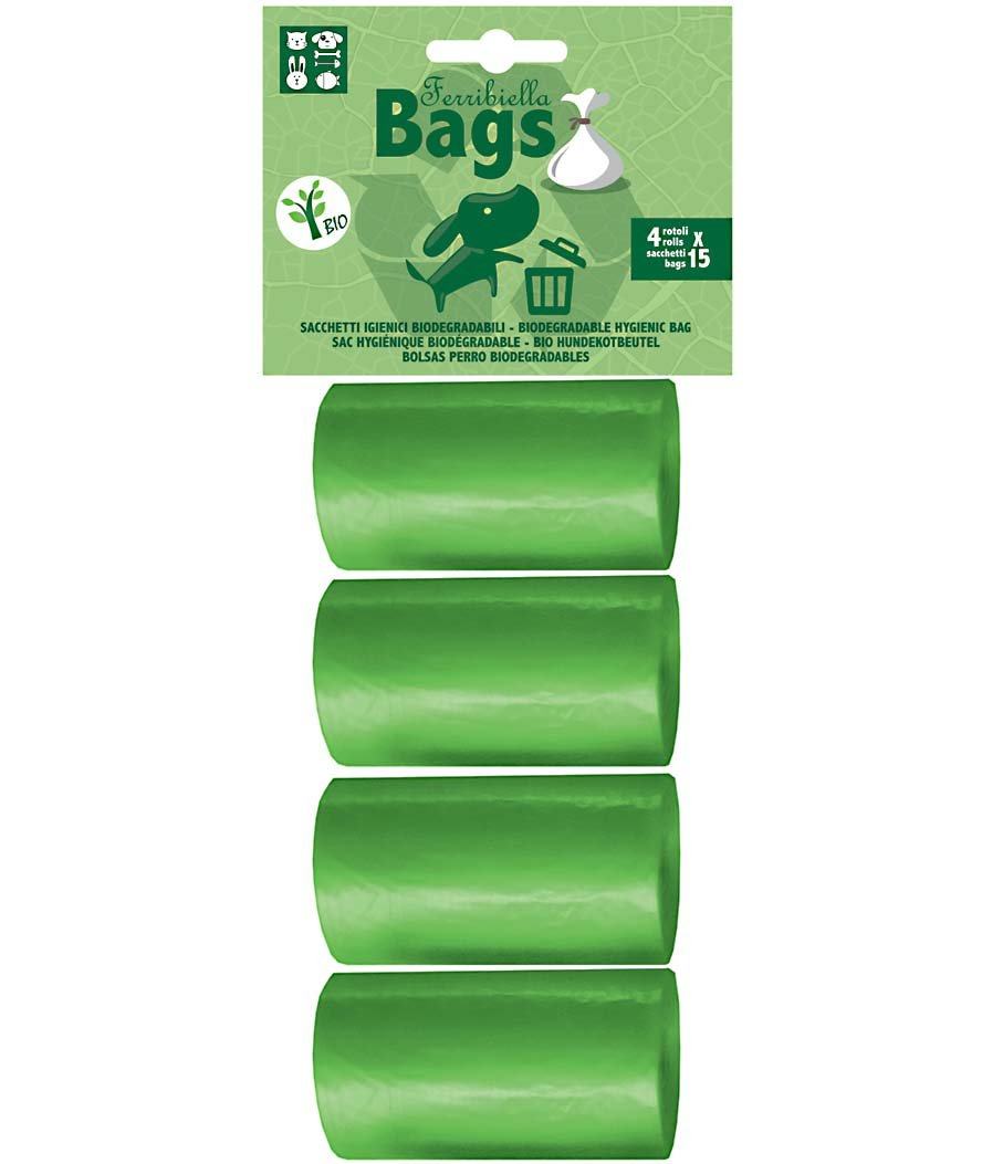 Sacchetti igenici biodegradabili per cani in confezione da quattro rotoli