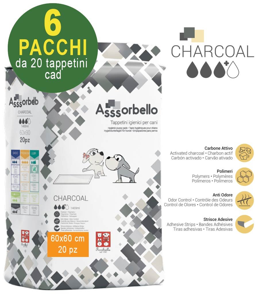 120 Tappetini igienici Asssorbello Charcoal 60x60 cm per cani - 6 pacchi da 20 pezzi cad.