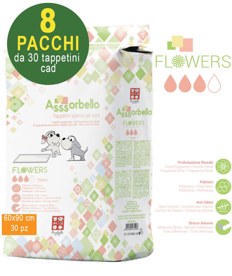240 Tappetini igienici Asssorbello Flower 60x90 cm per cani - 8 pacchi da 30 pezzi cad.