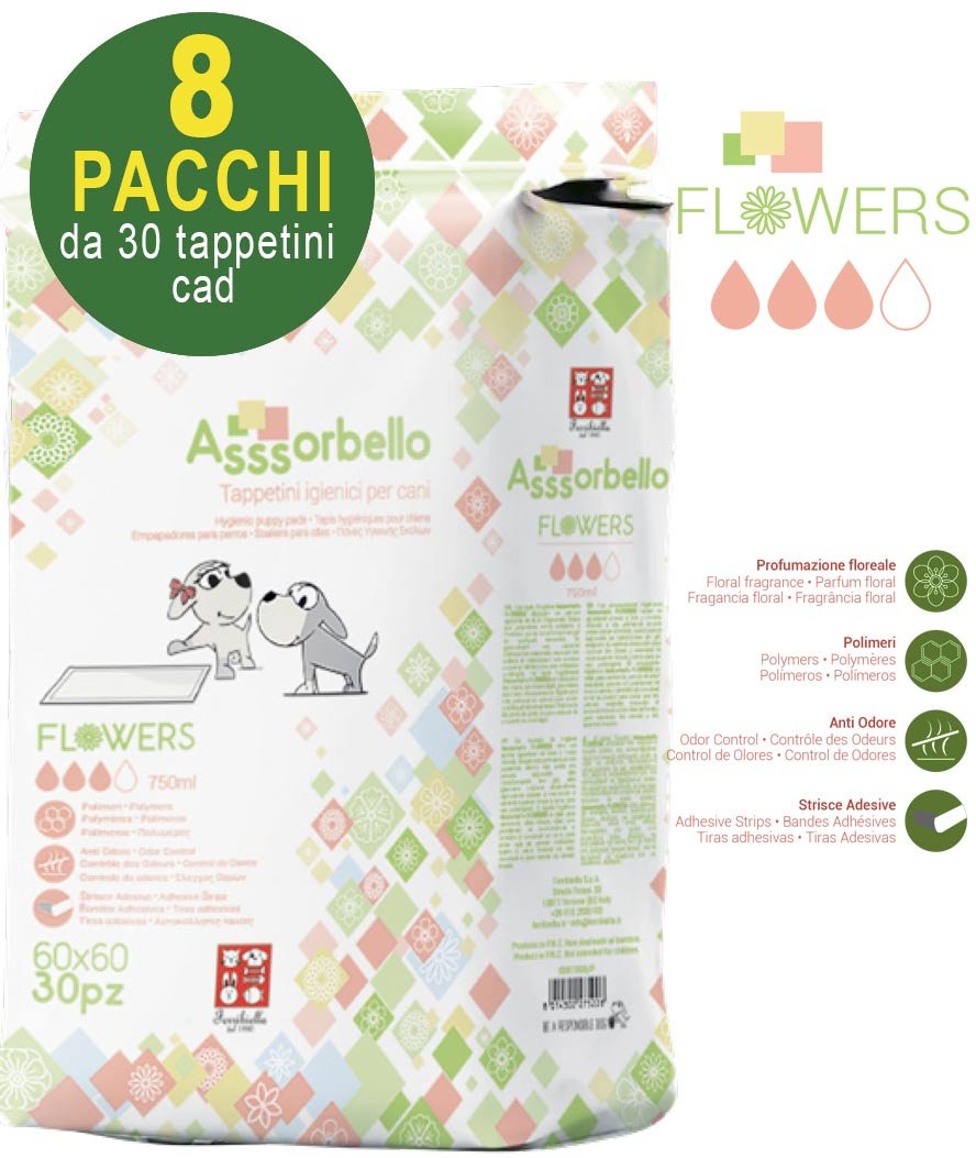 240 Tappetini igienici Asssorbello Flower 60x60 cm per cani - 8 pacchi da 30 pezzi cad.