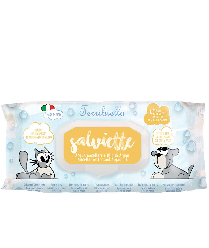 Salviette acqua micellare e olio di argan per cani e gatti