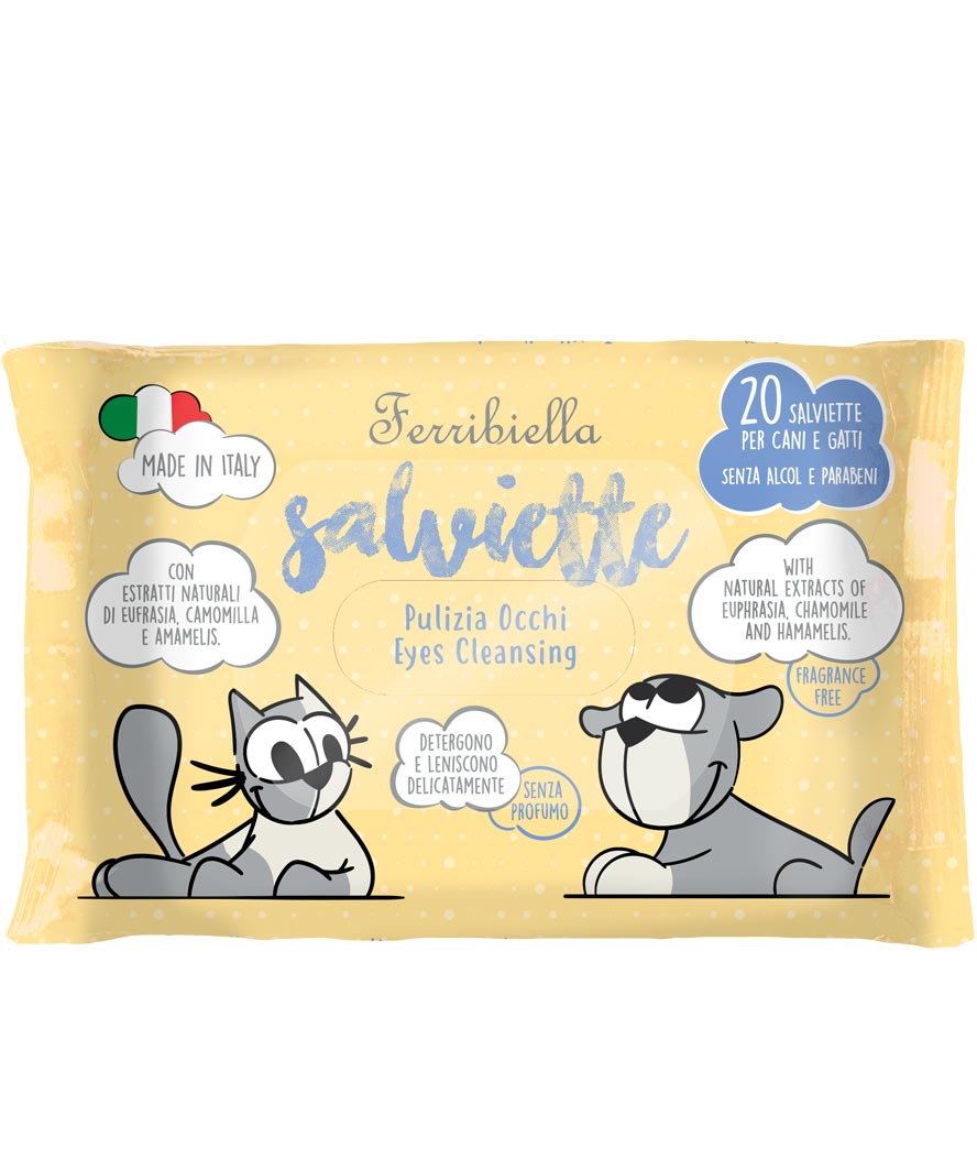 Salviette pulizia occhi con estratti naturali di camomilla per cani e gatti