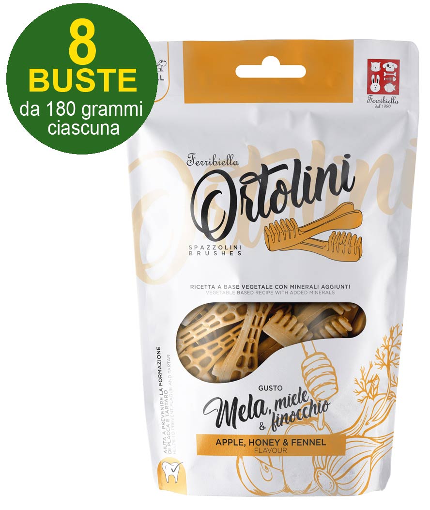 Snack Spazzolini per cani Ortolini gusto mela, miele e finocchio misura Small 8 buste da 180 g ciascuna