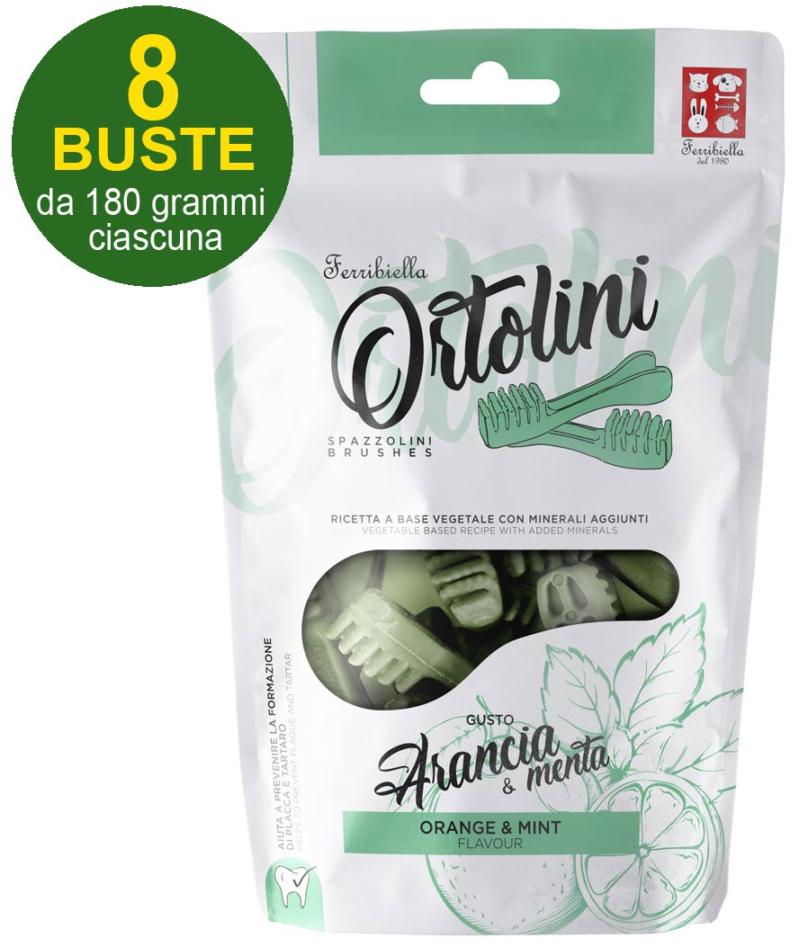 Snack Spazzolini per cani Ortolotti gusto arancia e menta misura Small 8 buste da 180 g ciascuna