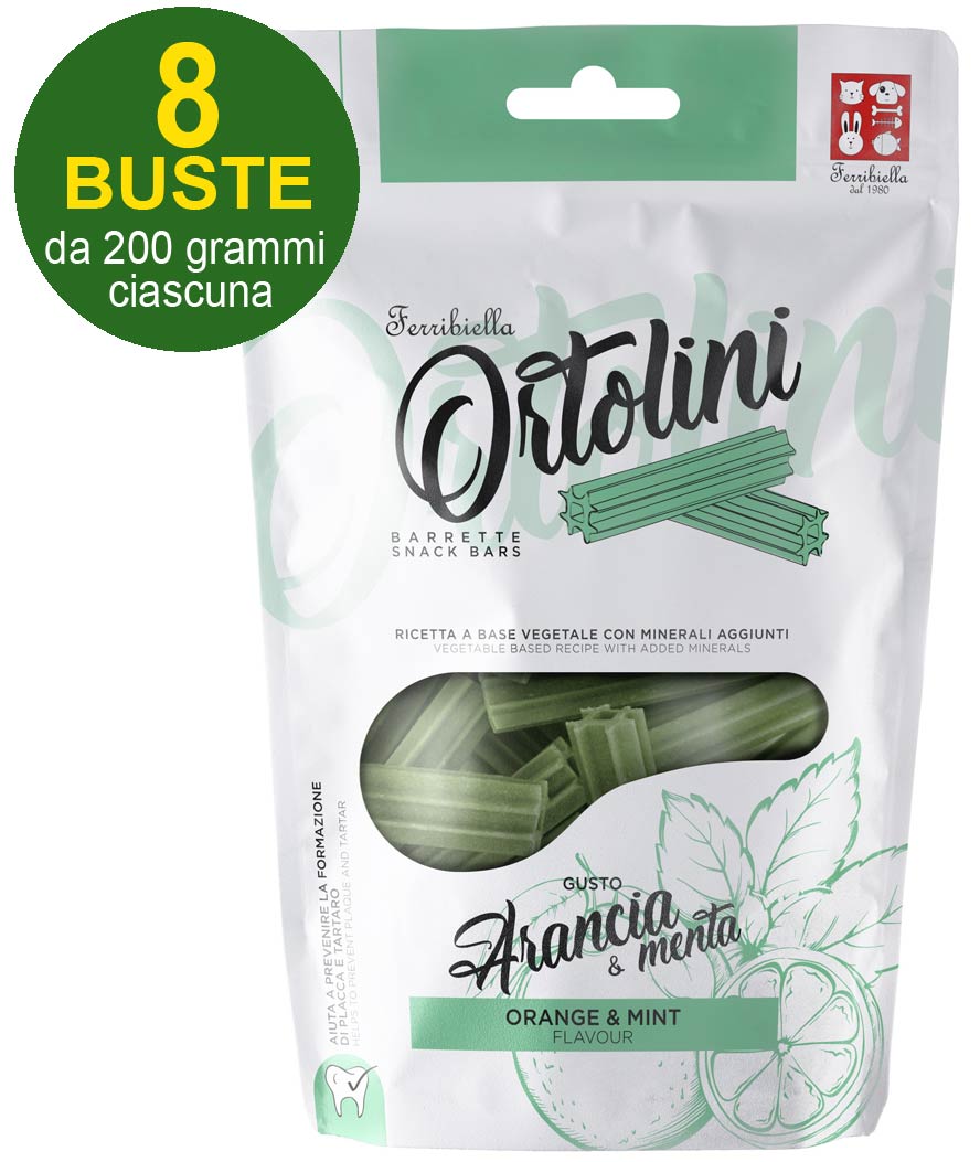 Snack Barrette per cani Ortolotti gusto arancia e menta misura Small 8 buste da 200 g ciascuna