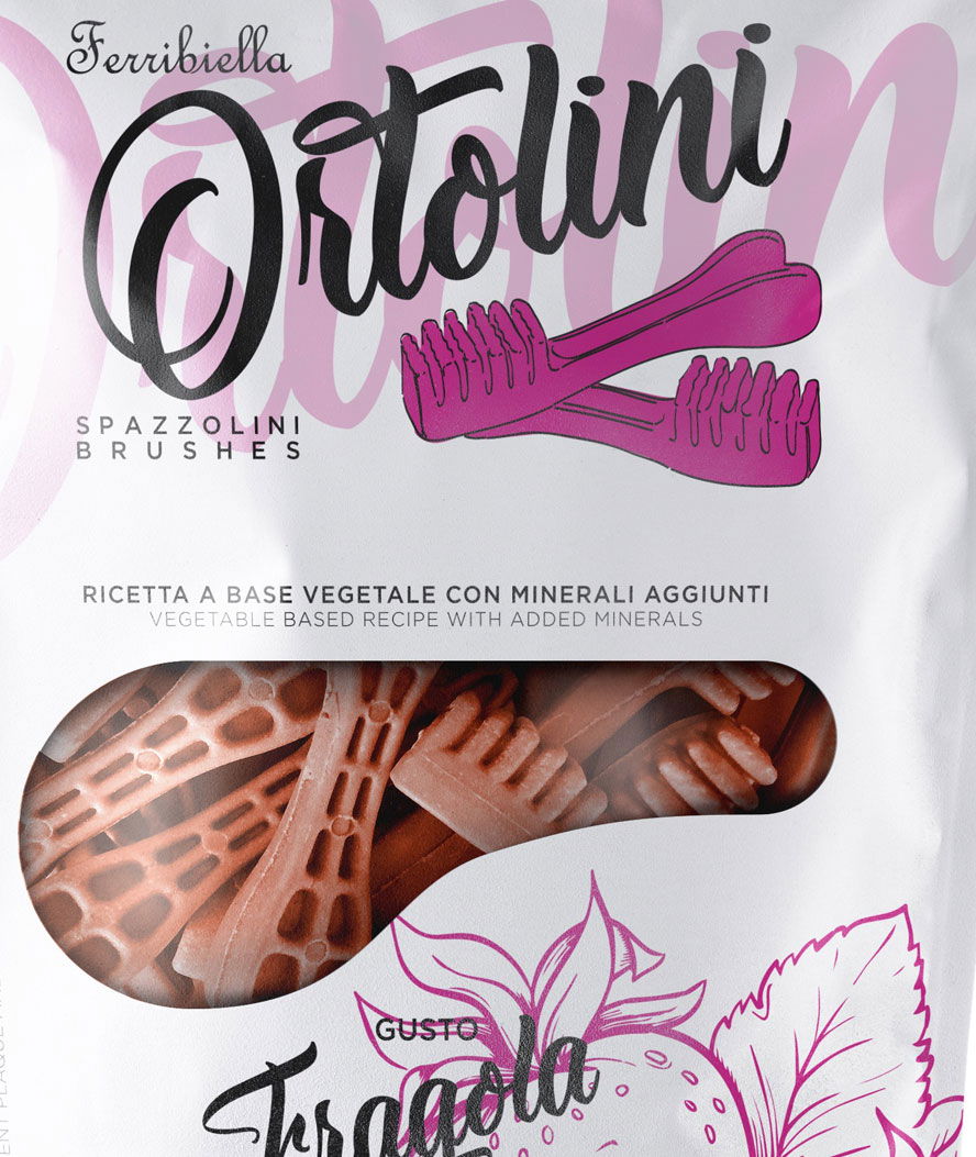 Snack Spazzolini per cani Ortolotti gusto fragola misura Medium 8 buste da 180 g ciascuna - foto 1