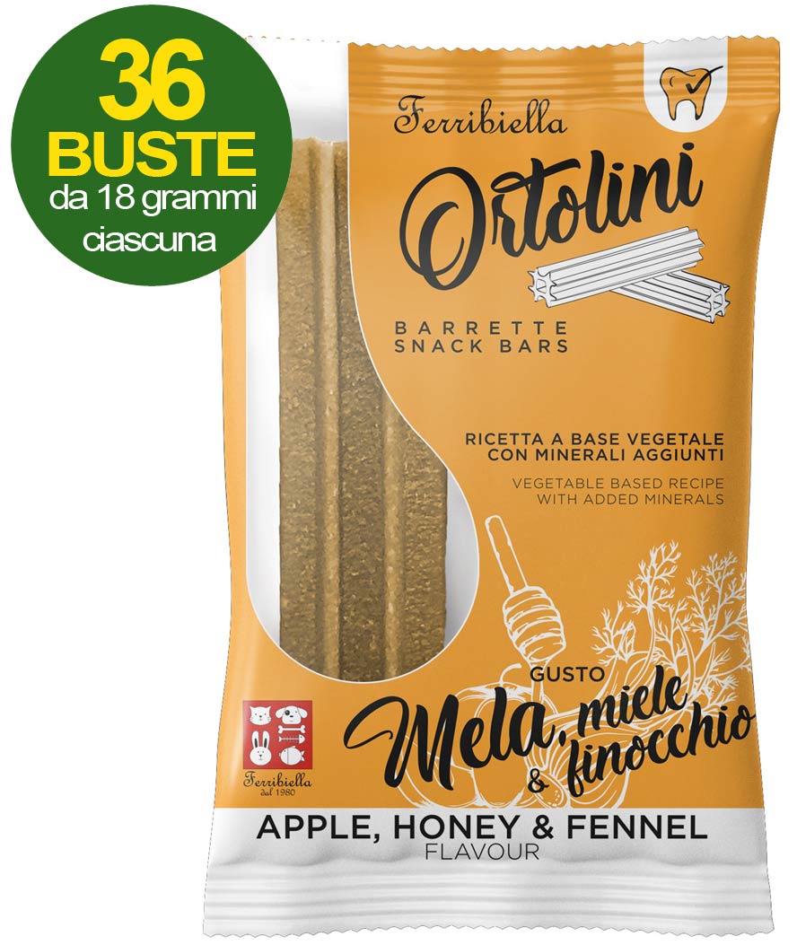 Snack Barrette per cani Ortolini gusto mela, miele e finocchio 36 mini pack da 2 pezzi ciascuno