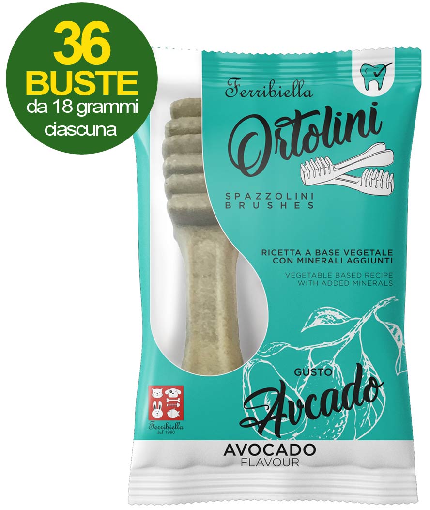 Snack Spazzolini per cani Ortolotti gusto avocado 36 mini pack da 2 pezzi ciascuno