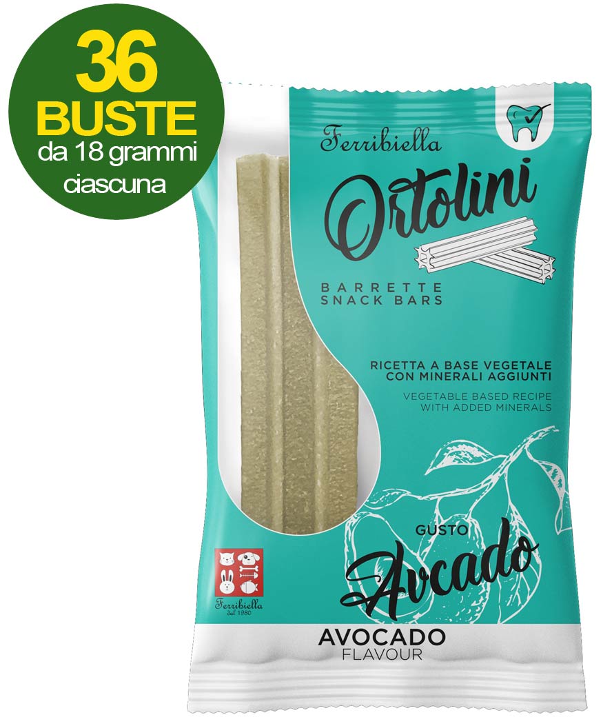 Snack Barrette per cani Ortolotti gusto avocado 36 mini pack da 2 pezzi ciascuno