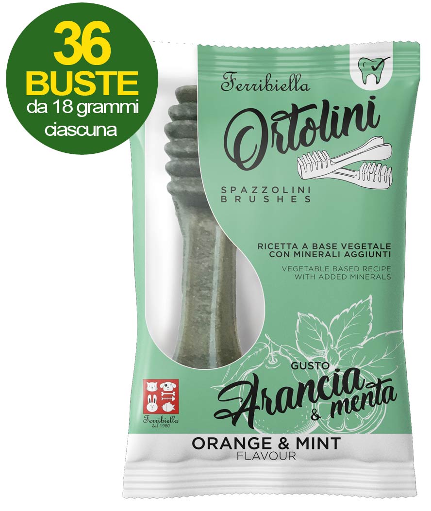 Snack Spazzolini per cani Ortolotti gusto arancia e menta 36 mini pack da 2 pezzi ciascuno