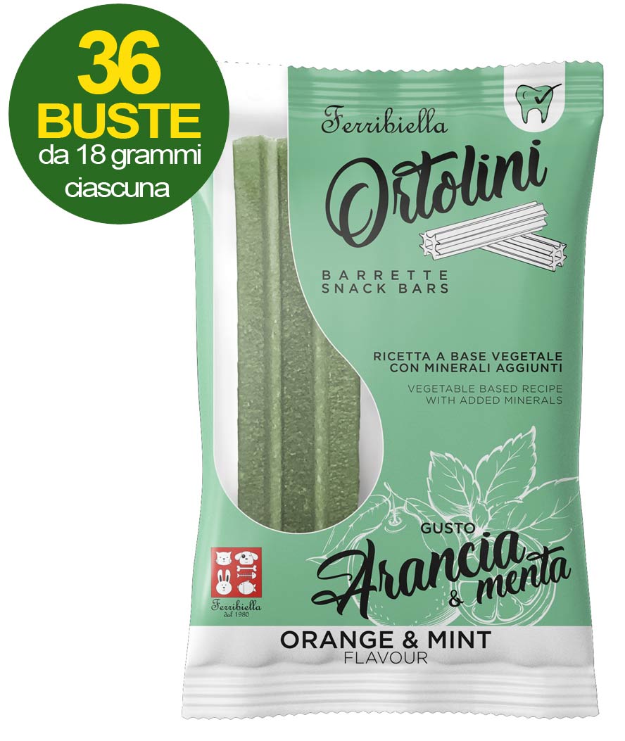 Snack Barrette per cani Ortolotti gusto arancia e menta 36 mini pack da 2 pezzi ciascuno