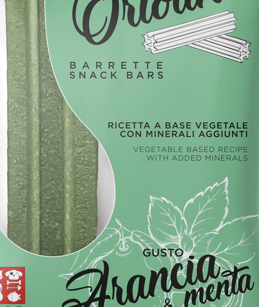 Snack Barrette per cani Ortolotti gusto arancia e menta 36 mini pack da 2 pezzi ciascuno - foto 1